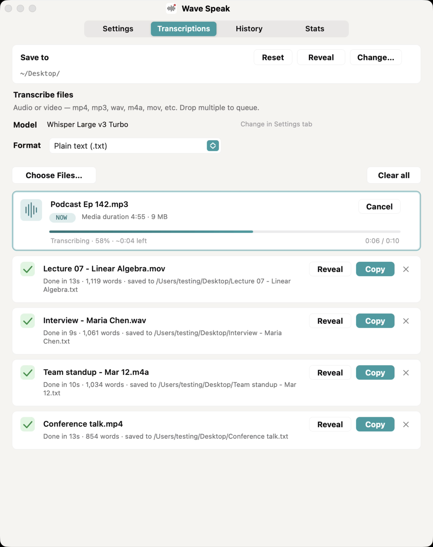 Wave Speak's transcription window: a podcast file transcribing, above four finished transcripts (a lecture, an interview, a team standup and a conference talk), each with Reveal and Copy buttons.